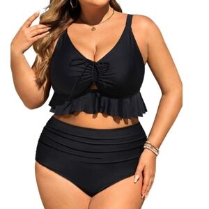 Daci Women Black Plus Size Two Piece Swimsuits - High Waisted Bikini Set Ruffle